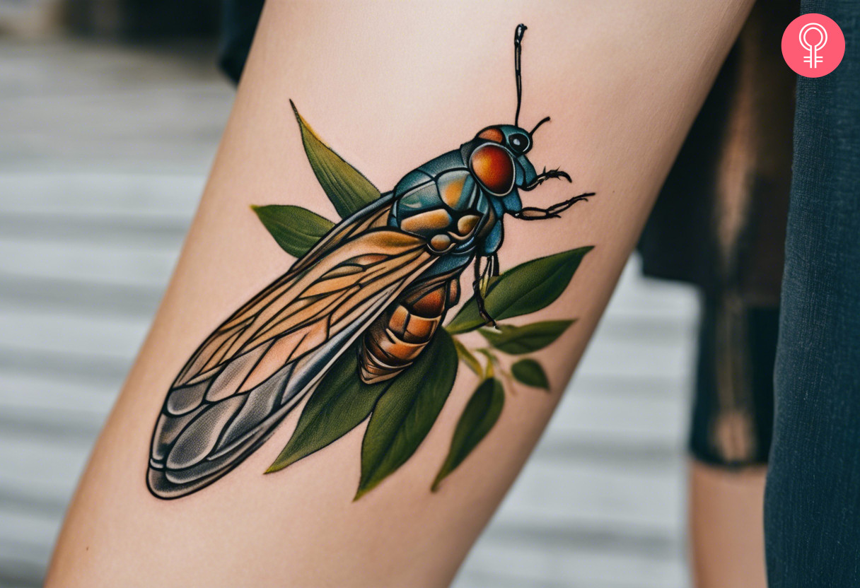 A woman with a cicada and sage tattoo on her arm