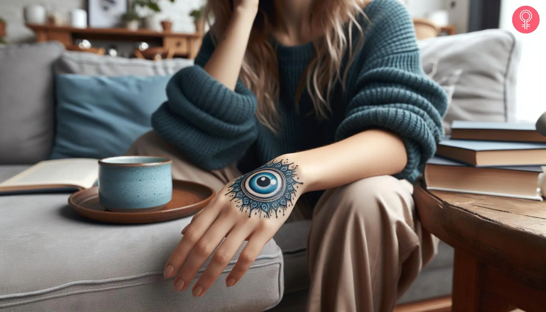 A woman with a circular blue evil eye tattoo with a geometric mandala on the wrist