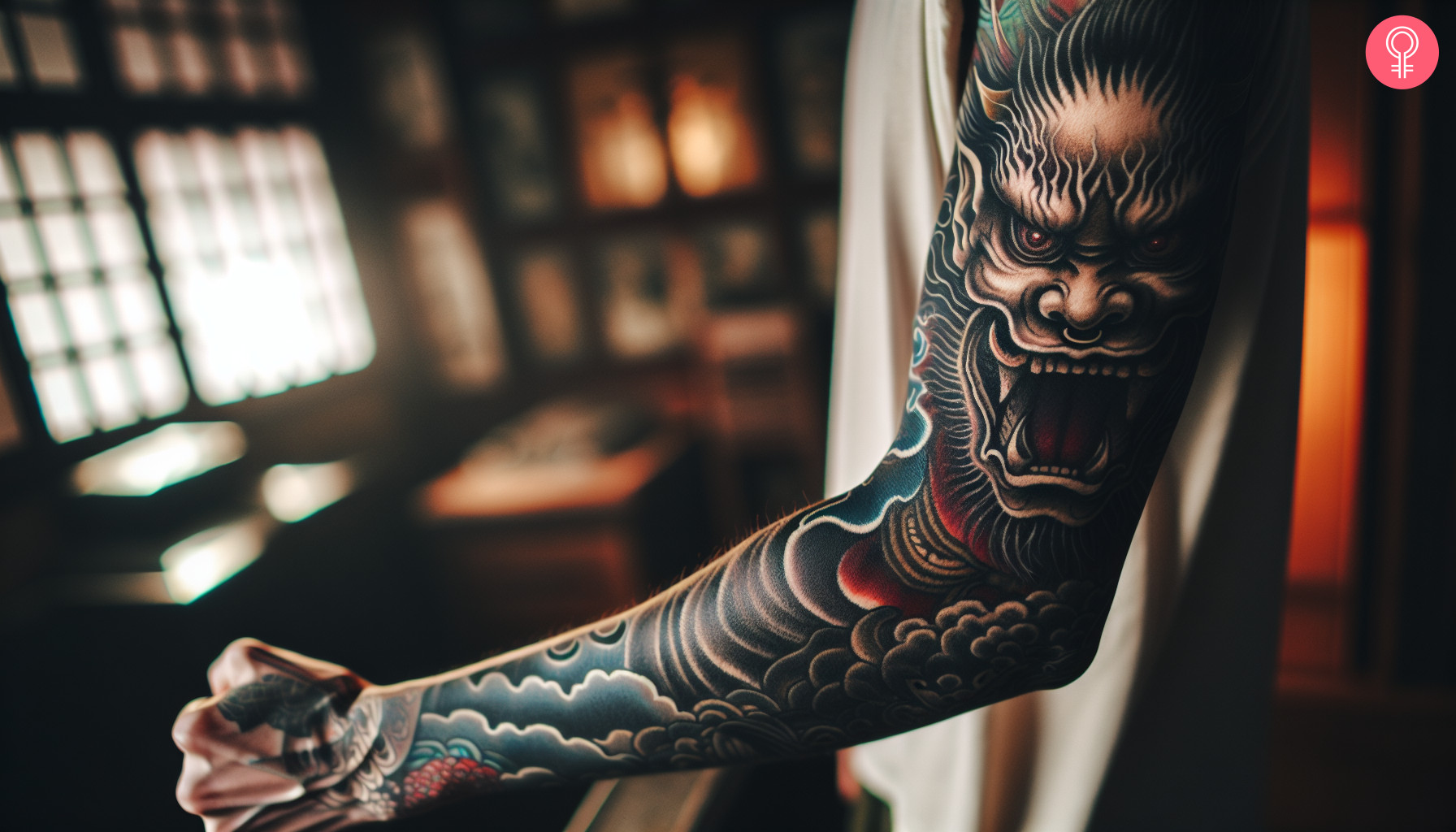 A woman with a colored Japanese oni demon full-sleeve tattoo