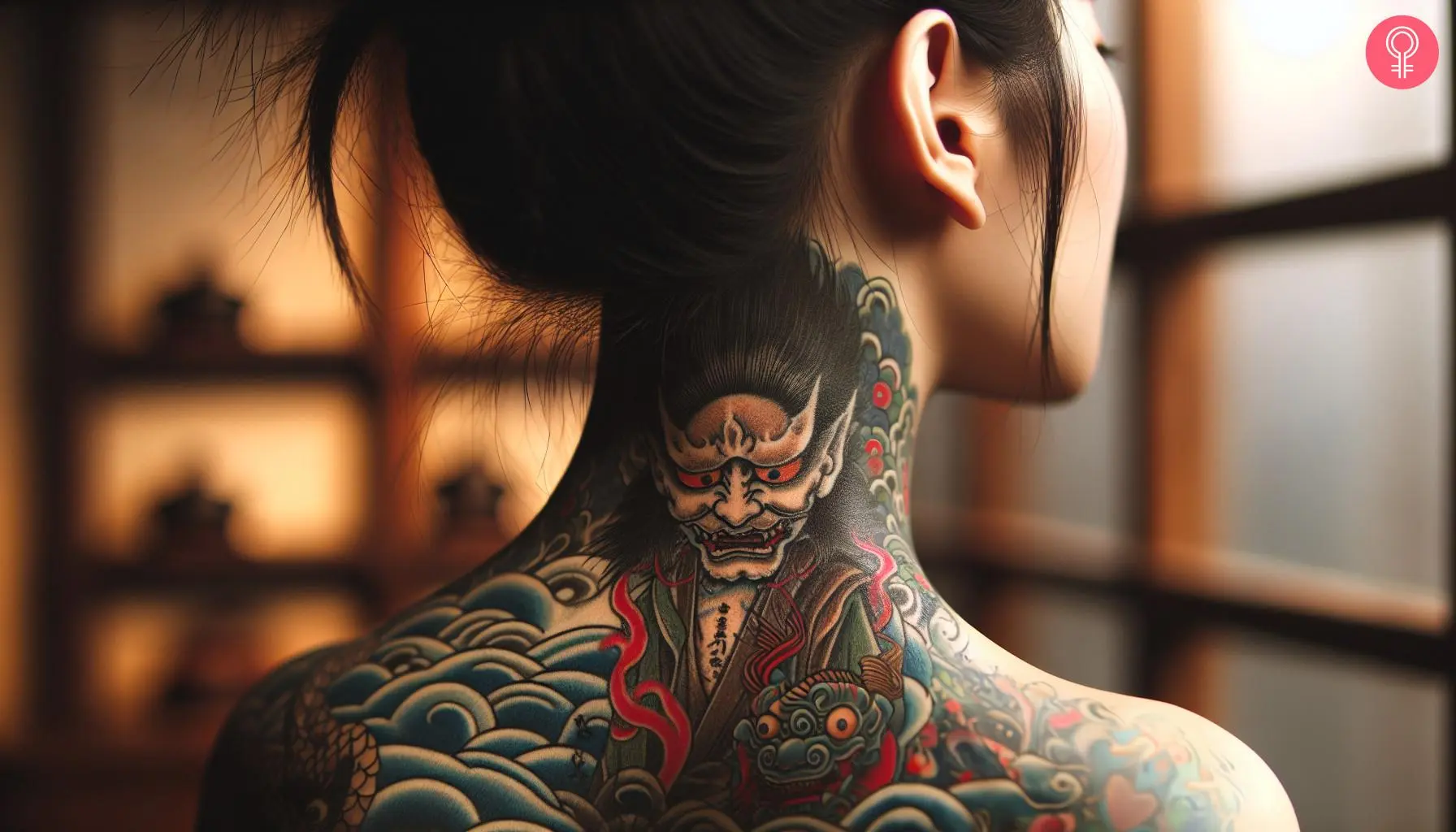 A woman with a colored Japanese oni demon tattoo on her nape