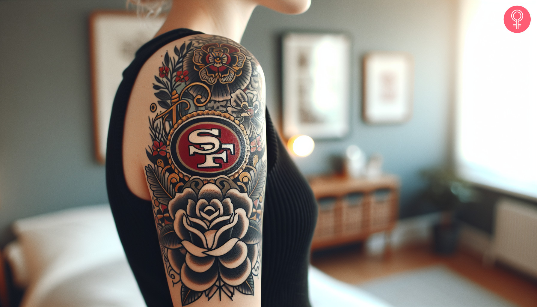 A woman with a colored San Francisco 49ers and flower tattoo on her upper arm