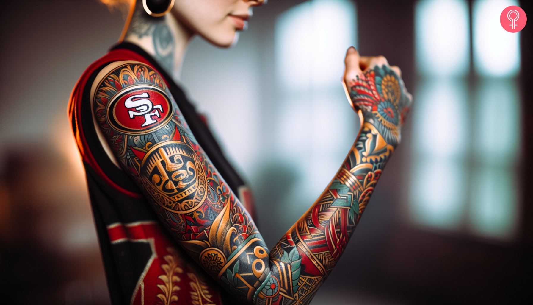 A woman with a colored San Francisco 49ers full sleeve tattoo