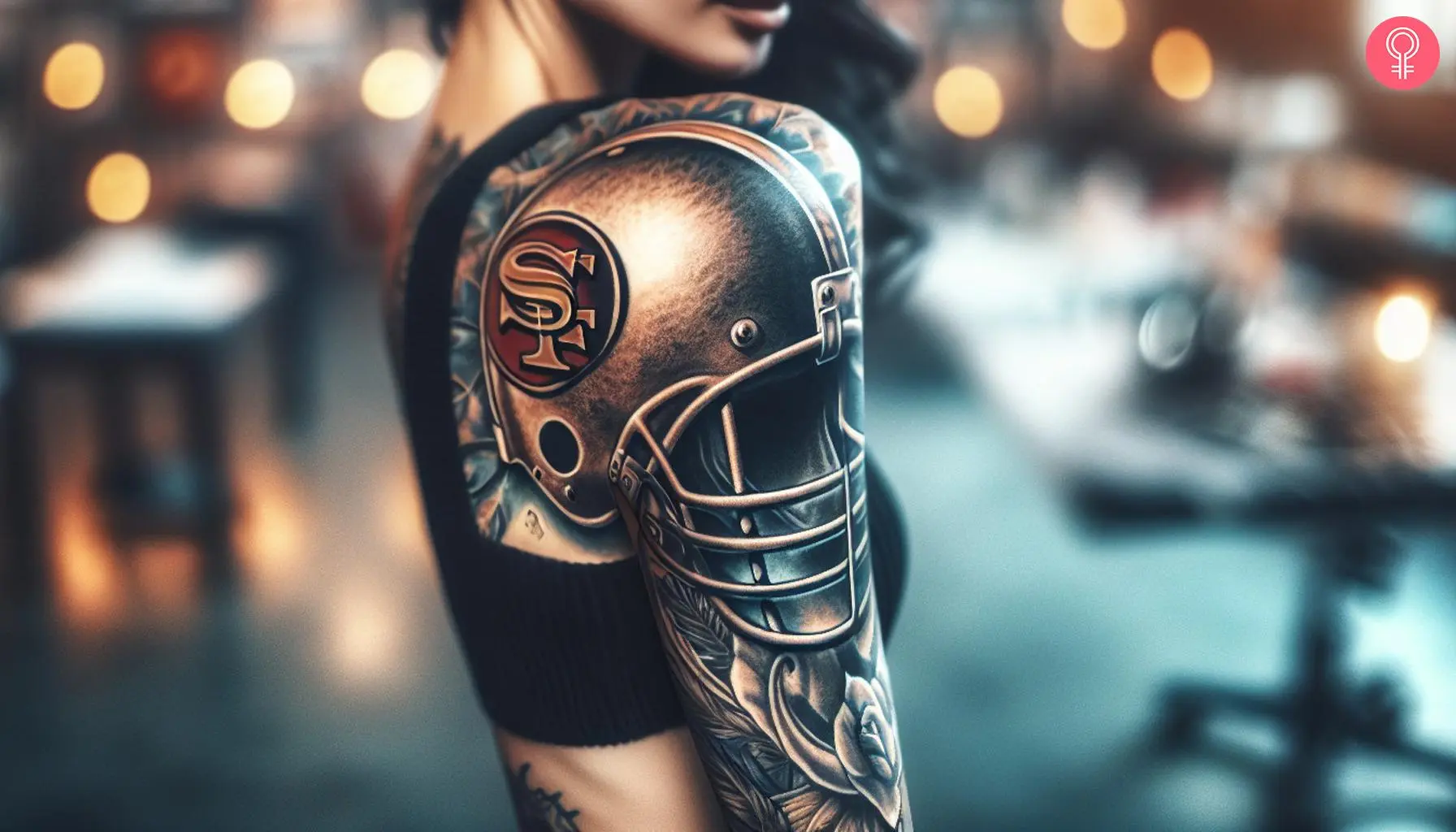 A woman with a colored San Francisco 49ers helmet tattoo on her upper arm