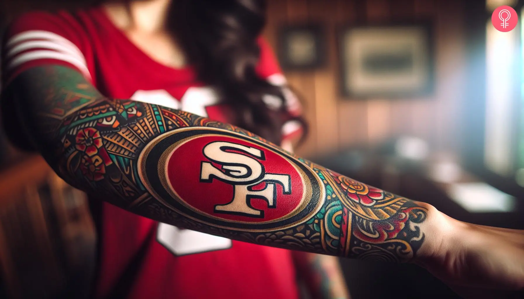 A woman with a colored San Francisco 49ers tattoo on her forearm