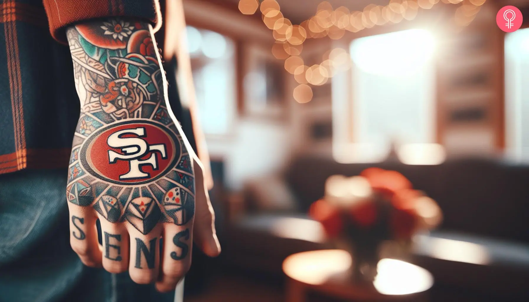 A woman with a colored San Francisco 49ers tattoo on her hand