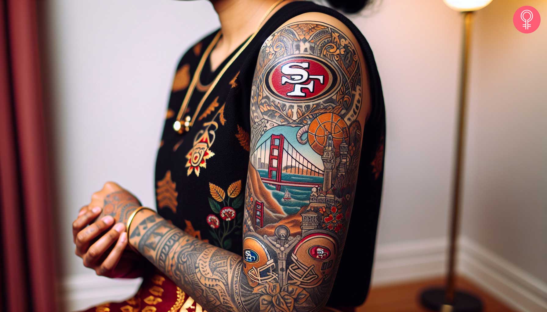 A woman with a colored San Francisco 49ers tattoo on her upper arm