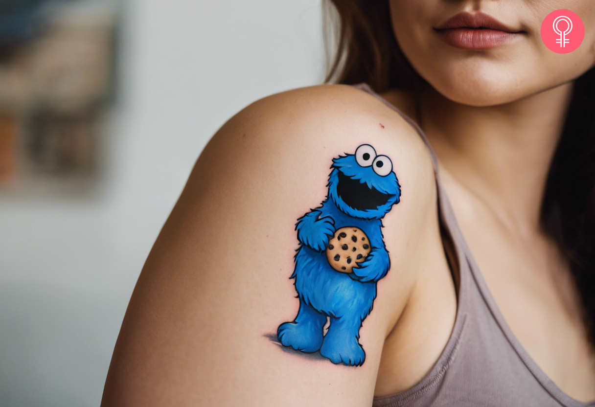 A woman with a colored cookie monster tattoo on her shoulder