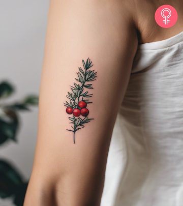 A woman with a colored Cleopatra tattoo on her upper arm