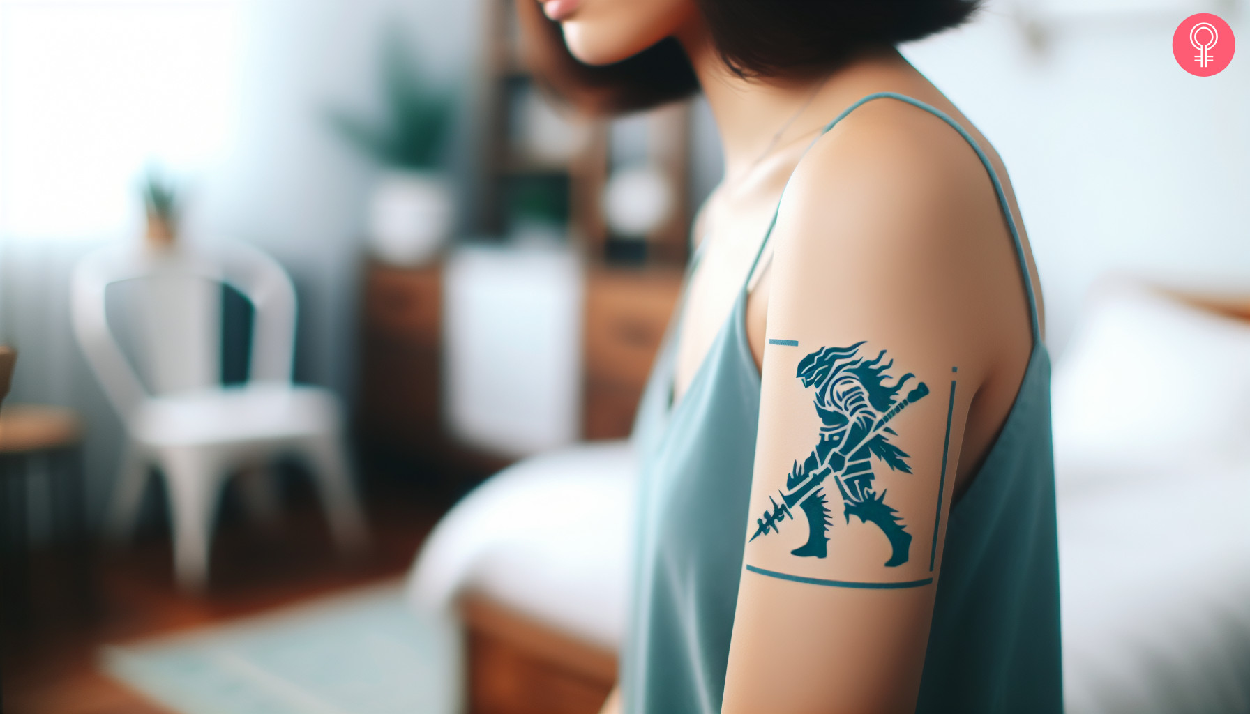 A woman with a colored monster hunter tattoo on her upper arm