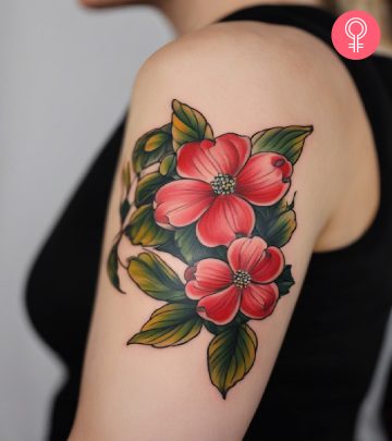 A woman with a colorful dogwood flower tattoo on her upper arm