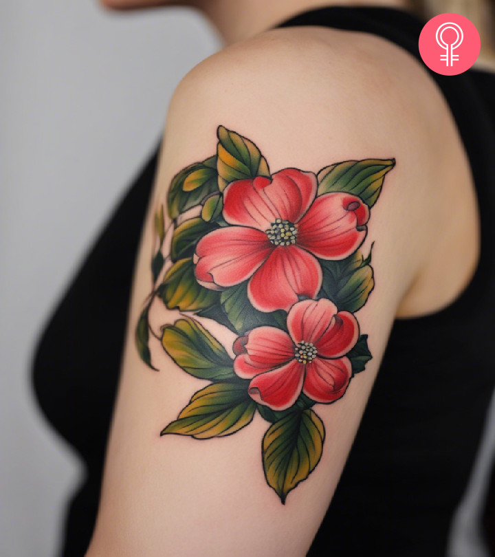 A woman with a colorful dogwood flower tattoo on her upper arm