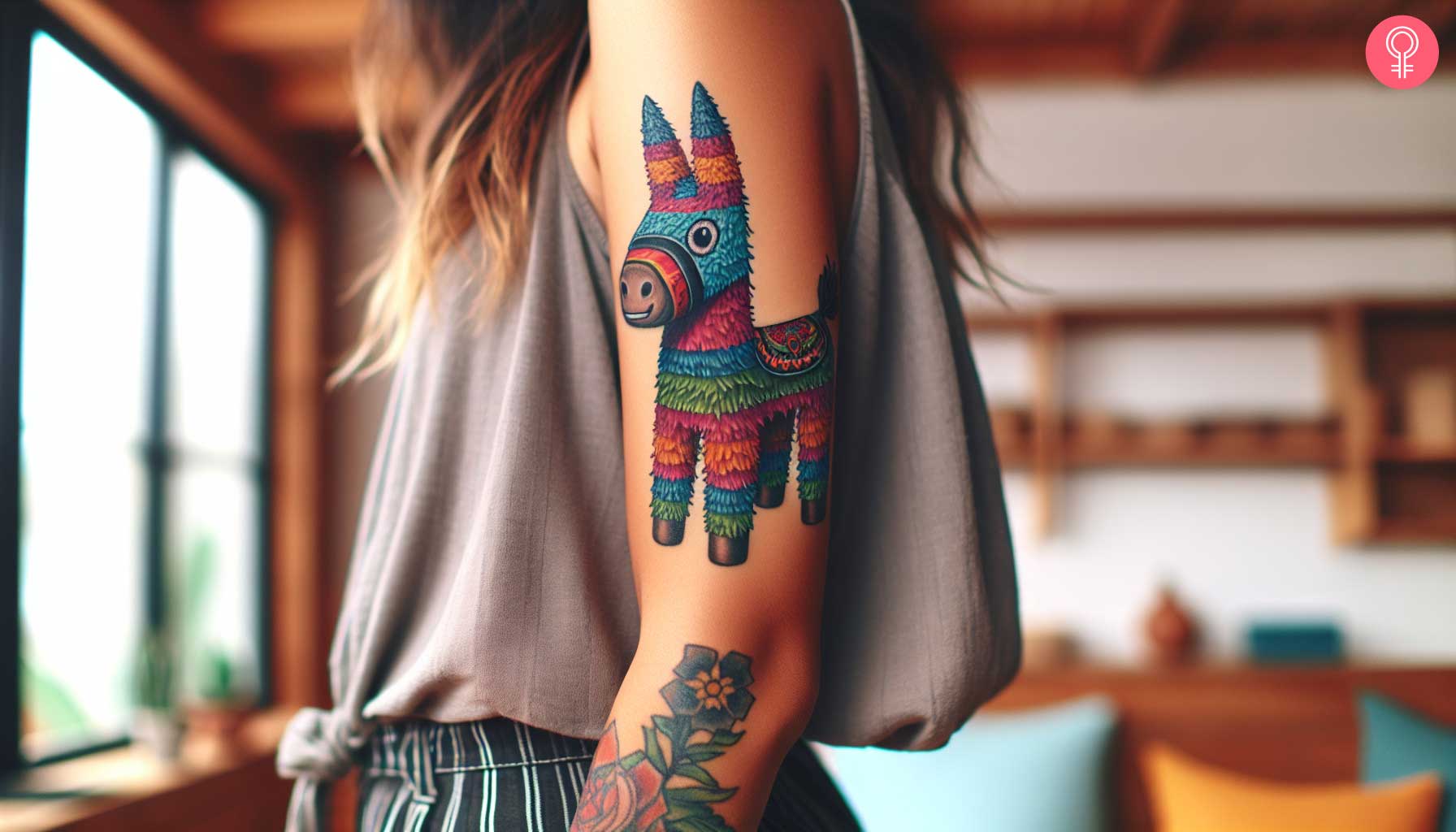 A woman with a colorful donkey pinata tattoo on her upper arm