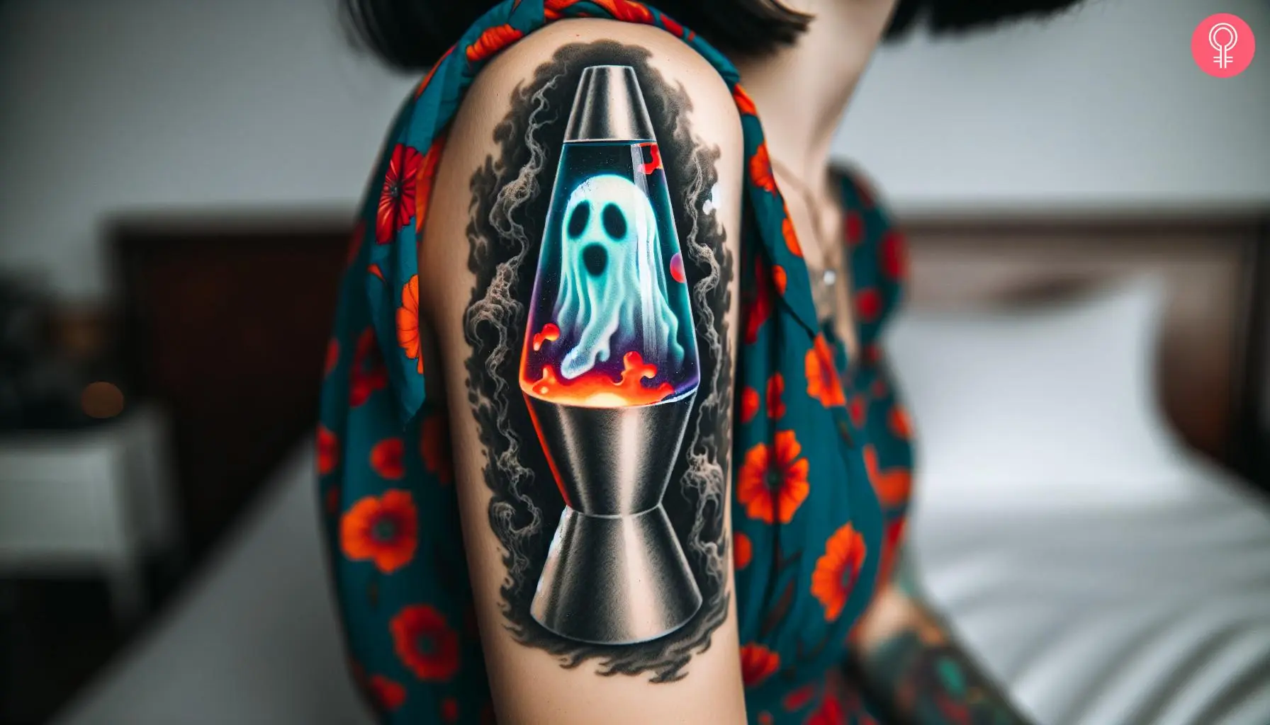 A woman with a colorful ghost lava lamp tattoo on her upper arm