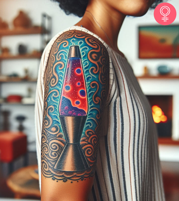 A woman with a colorful lava lamp tattoo on her upper arm