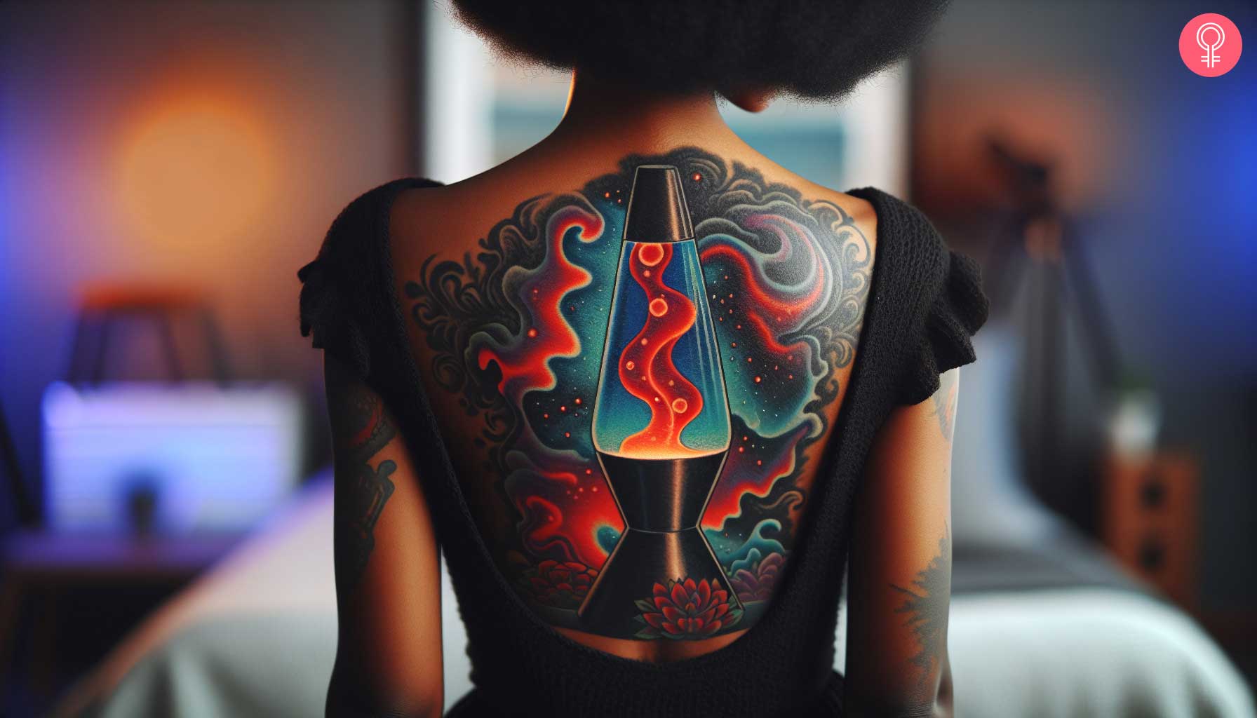 A woman with a colorful neo-traditional style lava lamp tattoo on her upper back