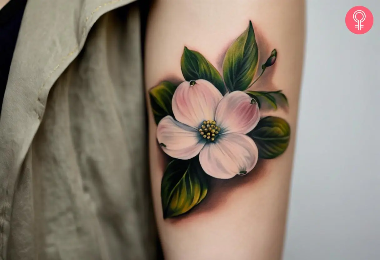 A woman with a colorful, realistic dogwood flower tattoo on her arm