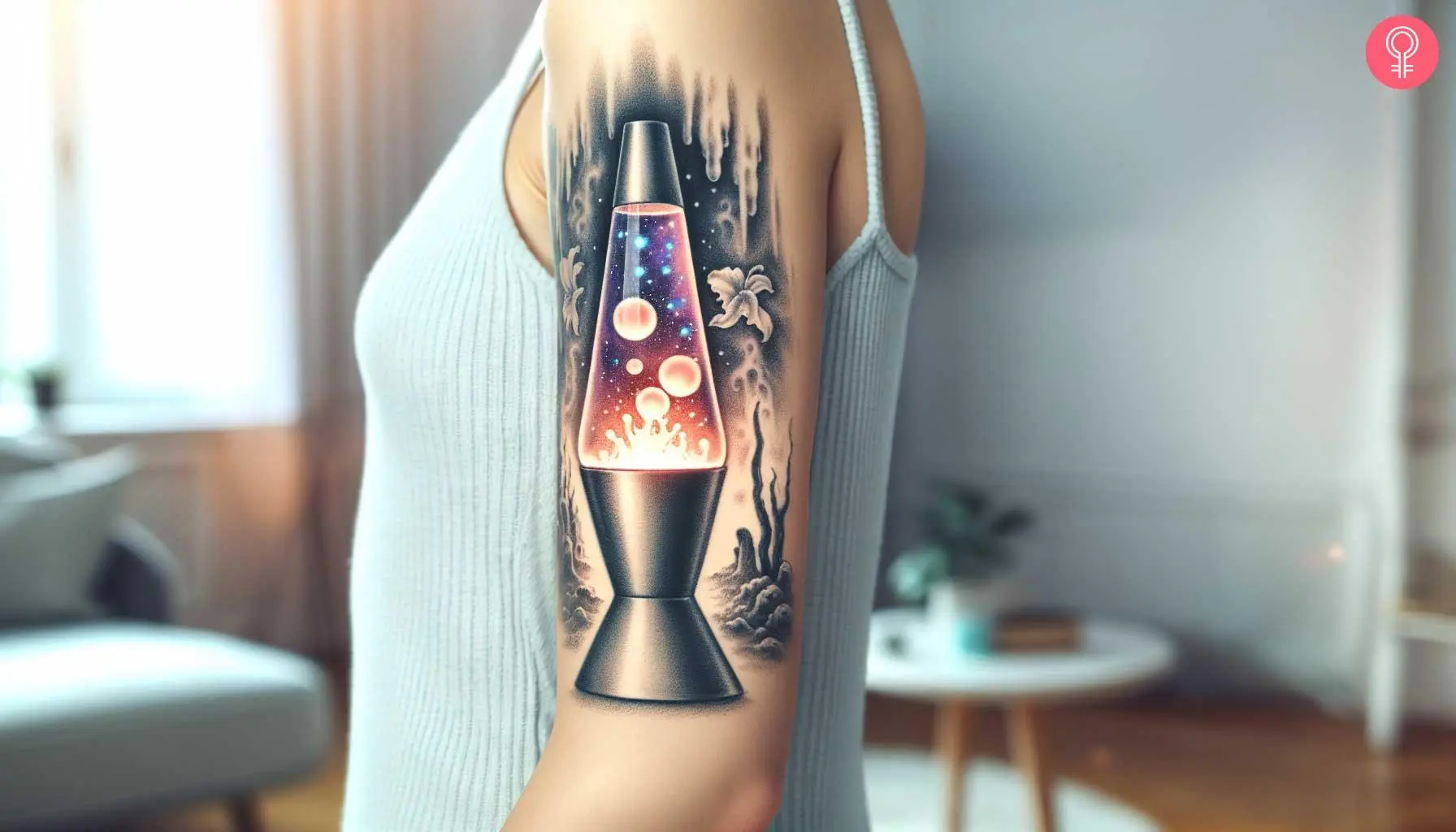 A woman with a colorful spooky lava lamp tattoo on her upper arm