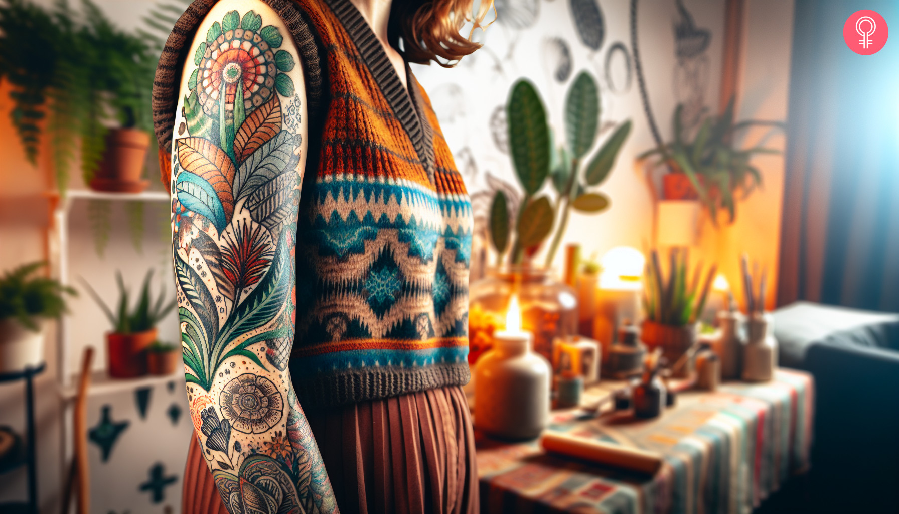 A woman with a colorful tattoo sleeve with flowers leaves and tribal designs