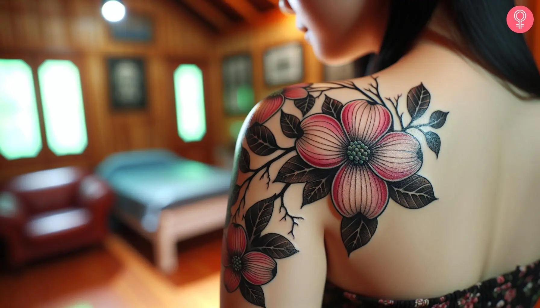 A woman with a colorful, traditional dogwood flower tattoo on her upper arm and shoulder