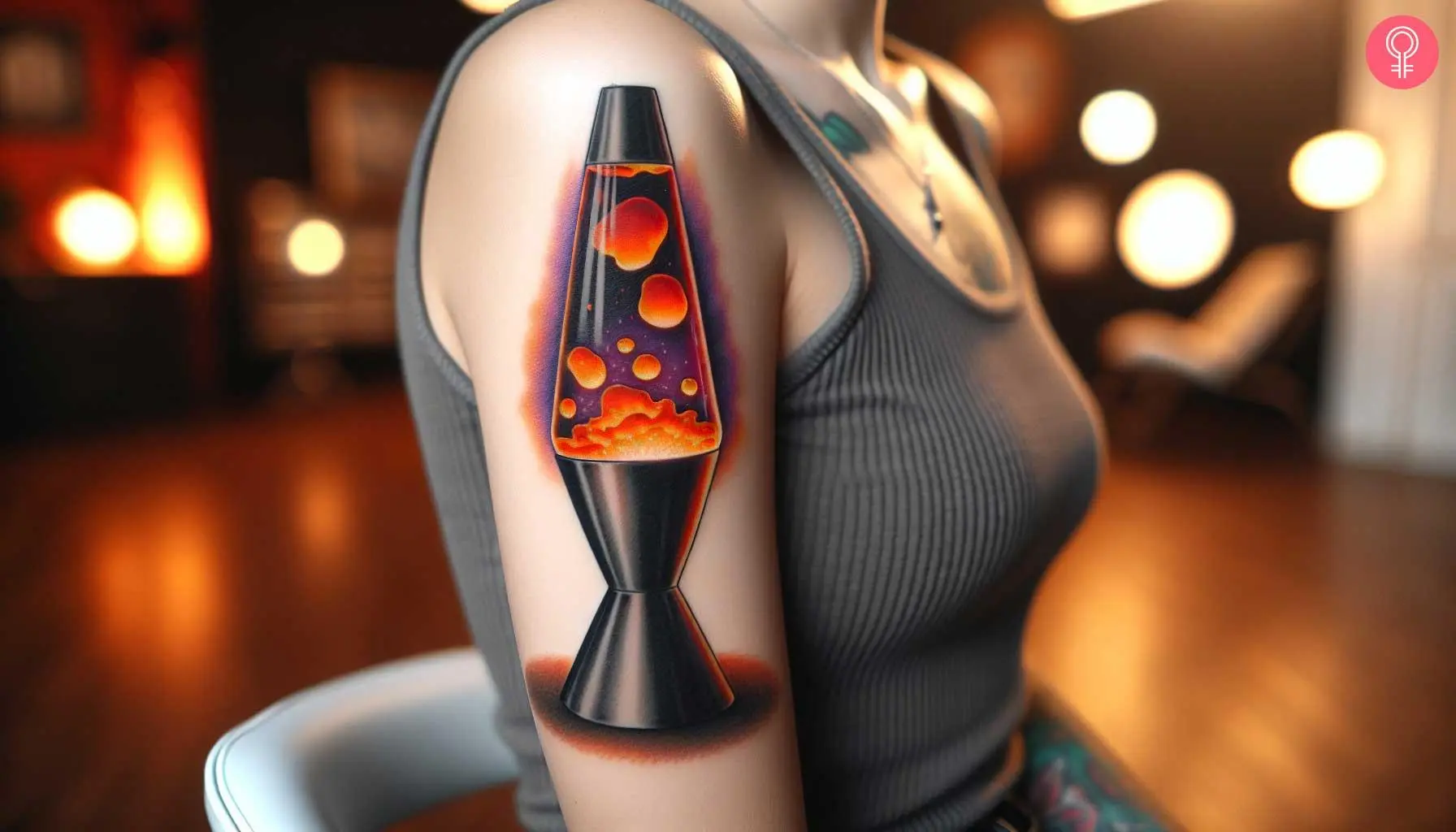 A woman with a colorful traditional lava lamp tattoo on her upper arm