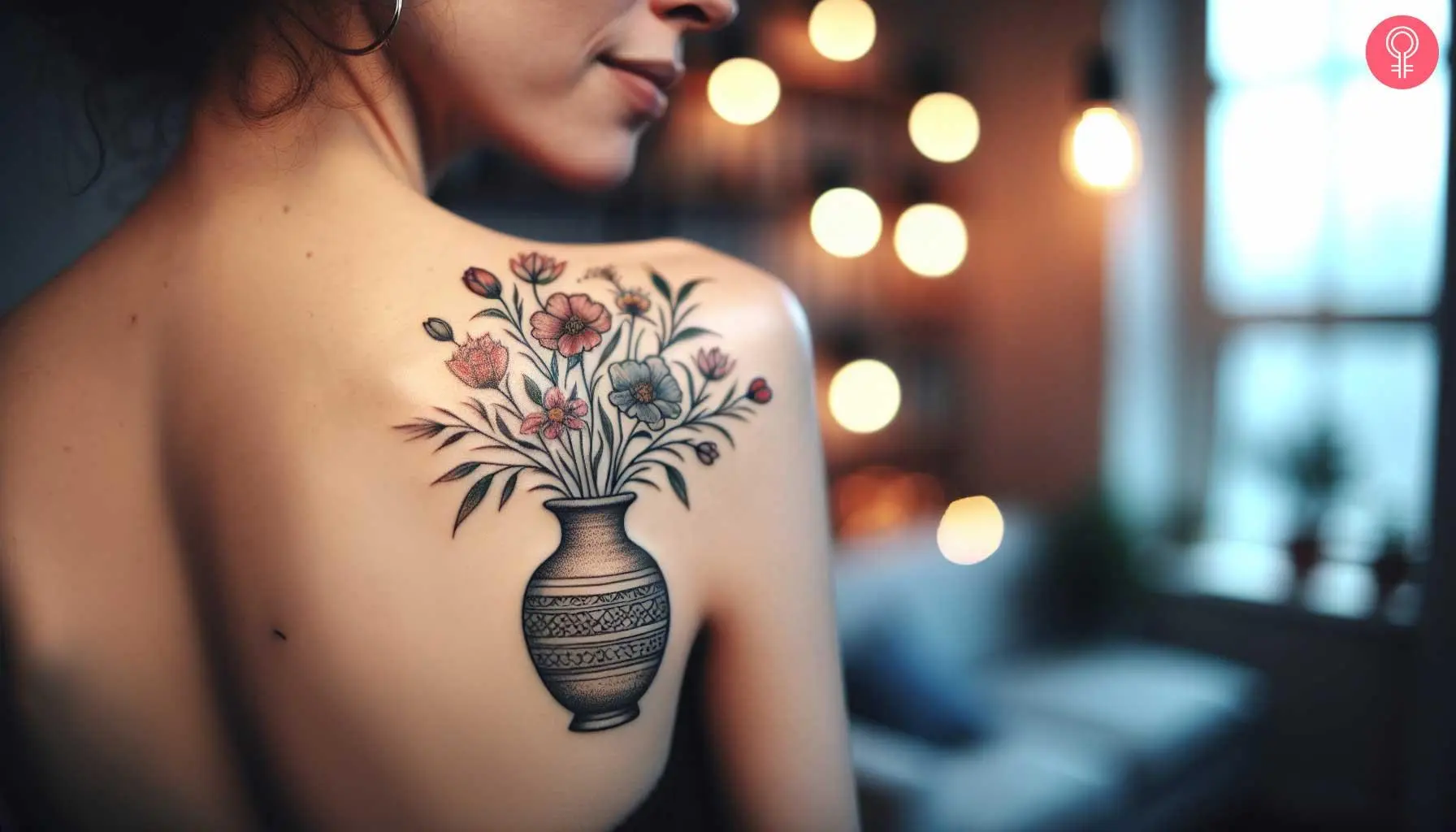 A woman with a colorful vase with flowers tattooed on her upper arm