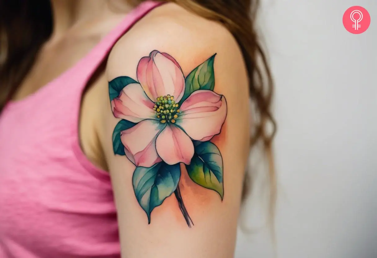 A woman with a colorful, watercolor-style dogwood flower tattoo on her upper arm