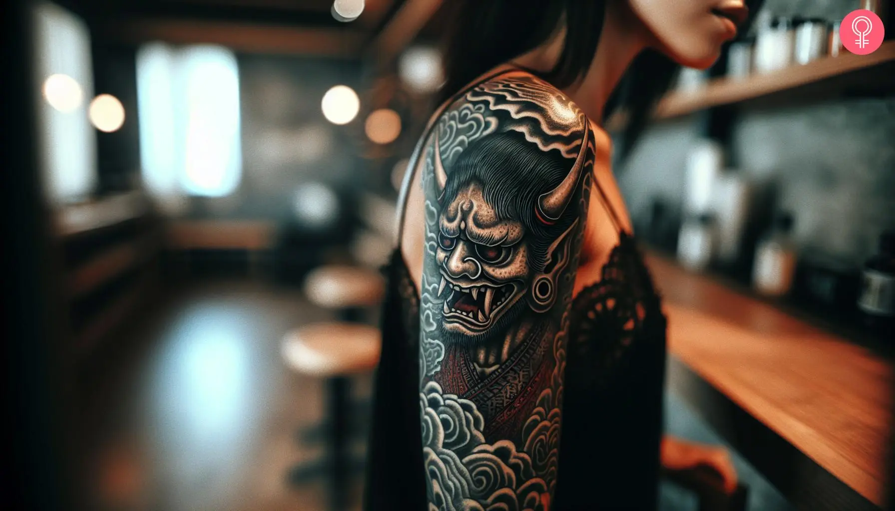 A woman with a dark Japanese oni monster tattoo on her upper arm