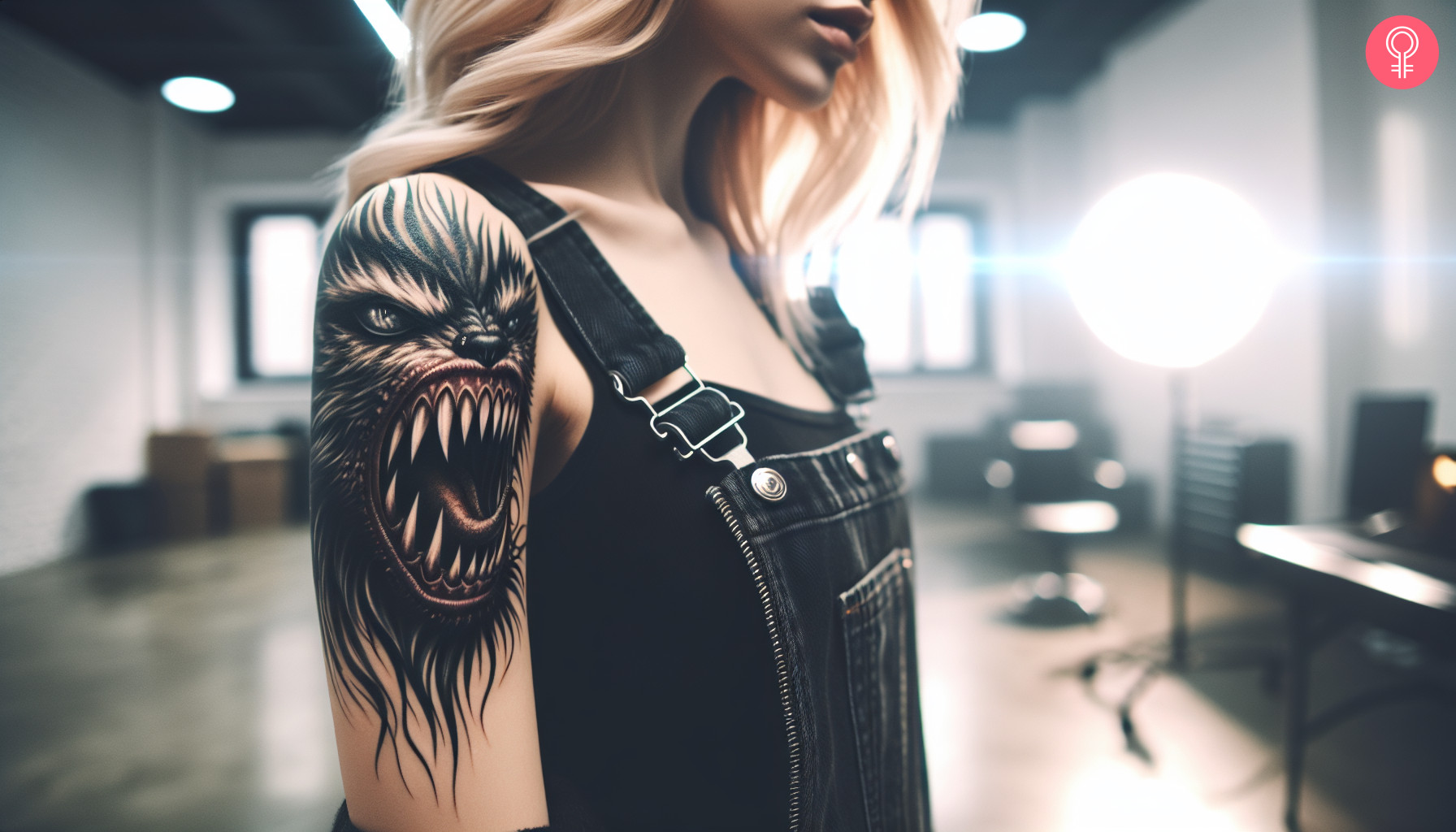 A woman with a dark monster mouth tattoo on her upper arm