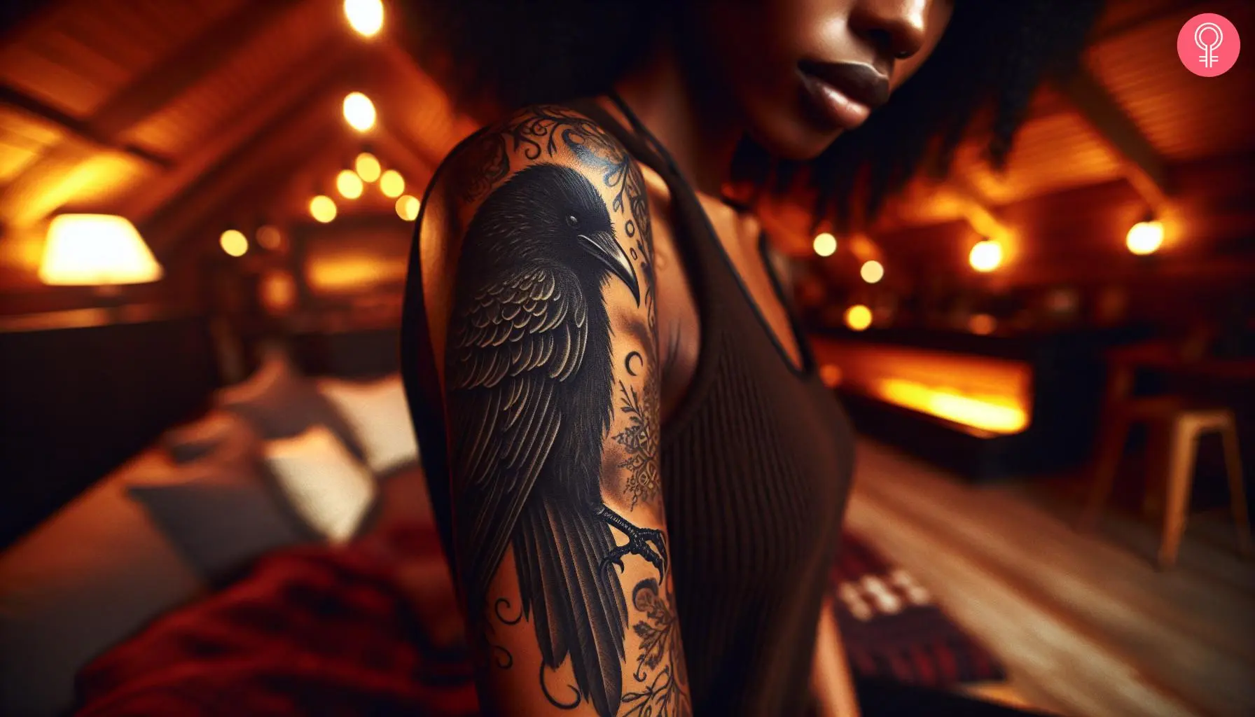 A woman with a dark tattoo of a crow on the upper arm