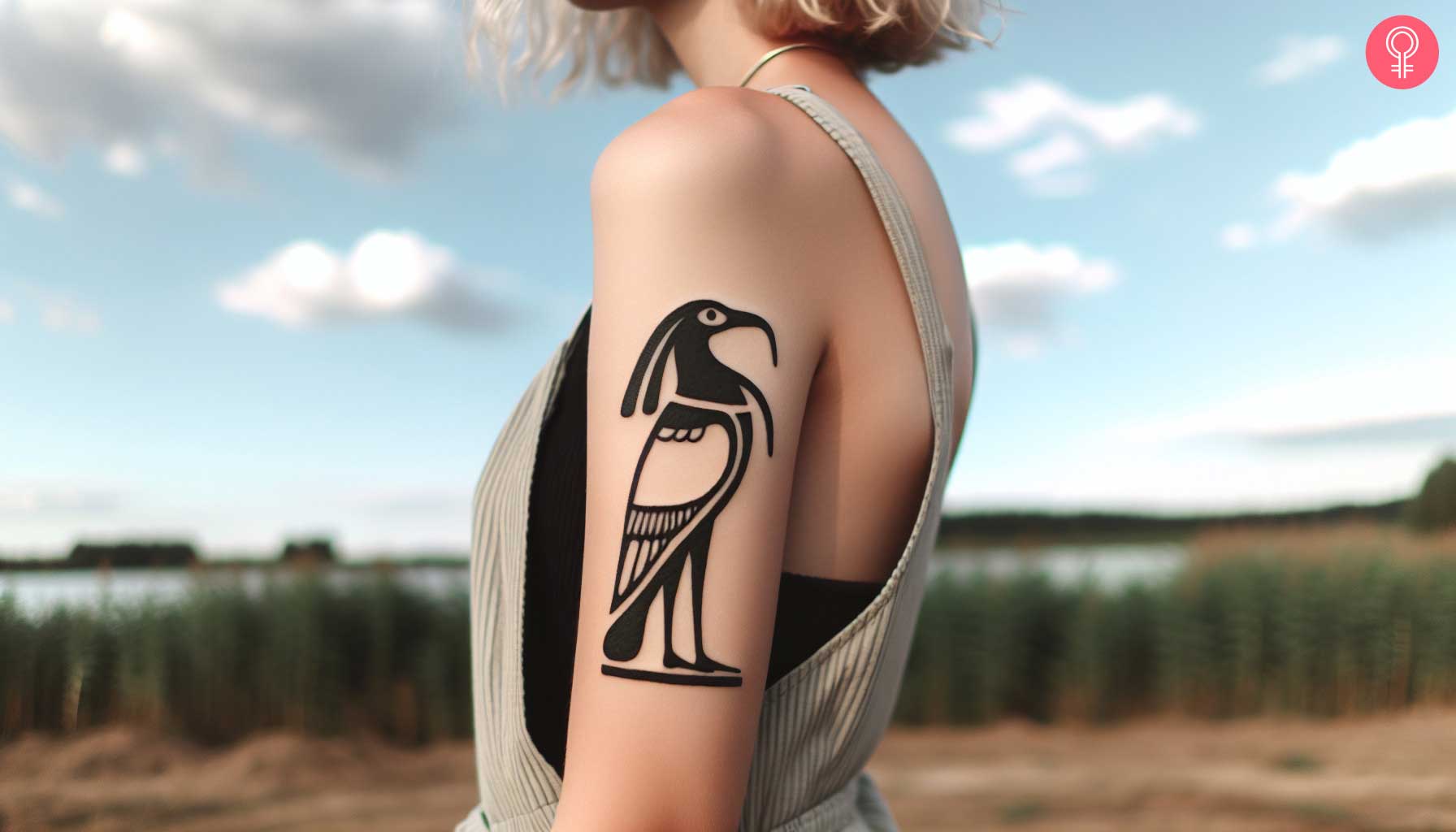 A woman with a deus Thoth tattoo on her upper arm