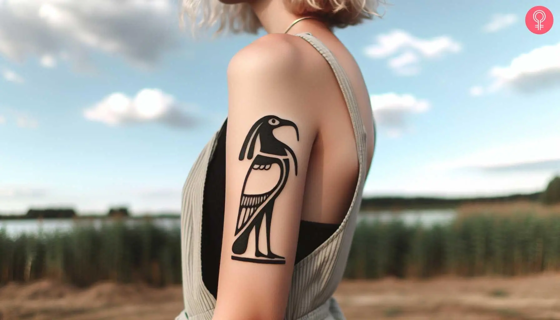 A woman with a deus Thoth tattoo on her upper arm