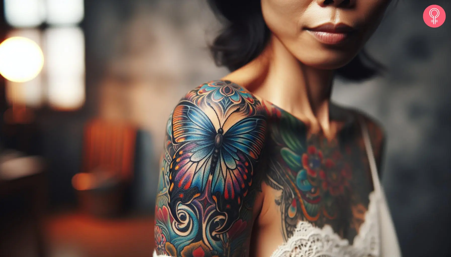 A woman with a feminine butterfly shoulder cap tattoo