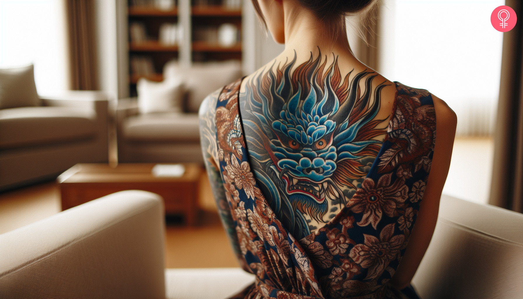 A woman with a fierce blue dragon tattoo with a detailed face on the back