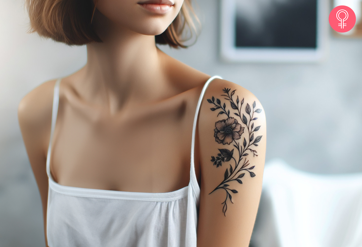 A woman with a floral shoulder cap tattoo