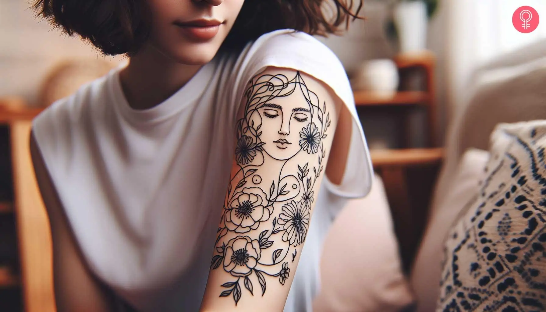 A woman with a flower head tattoo made with a with continuous line