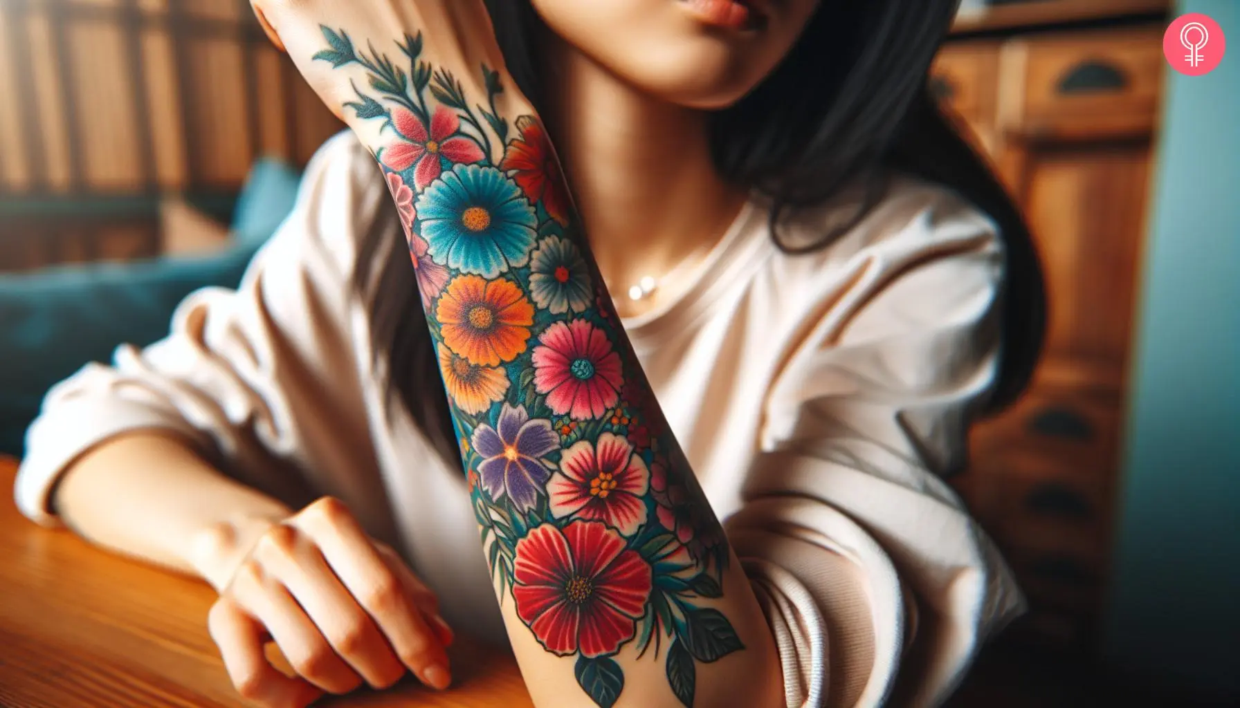 A woman with a flower tattoo on her forearm