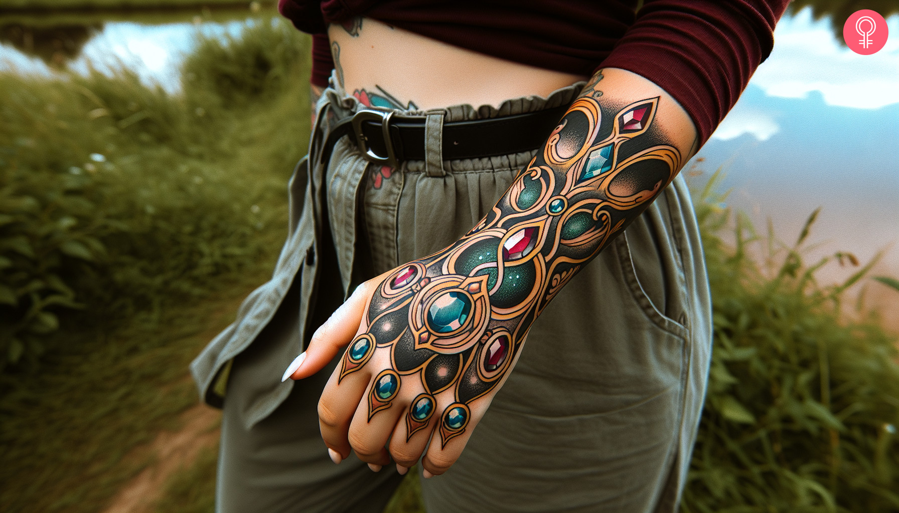 A woman with a gauntlet tattoo on her forearm