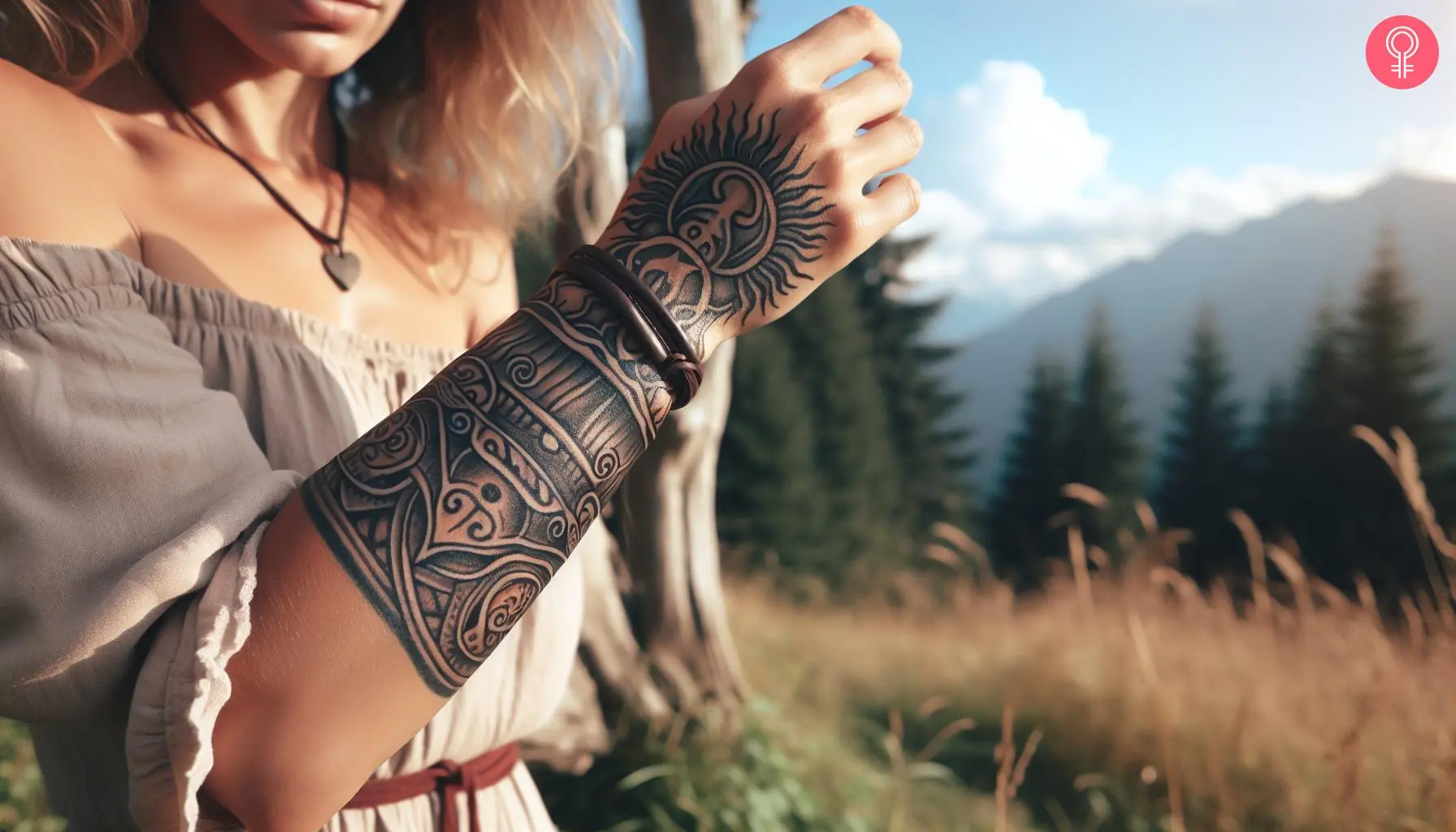 A woman with a gauntlet tattoo on her wrist