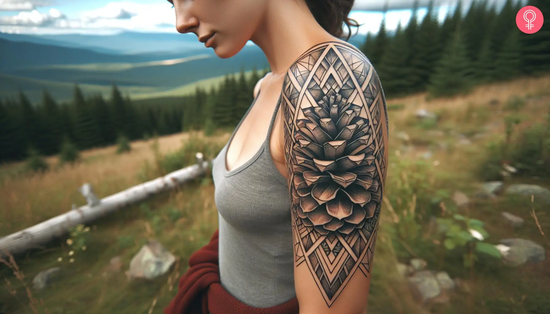 A woman with a geometric pinecone tattoo with intersecting lines and shapes