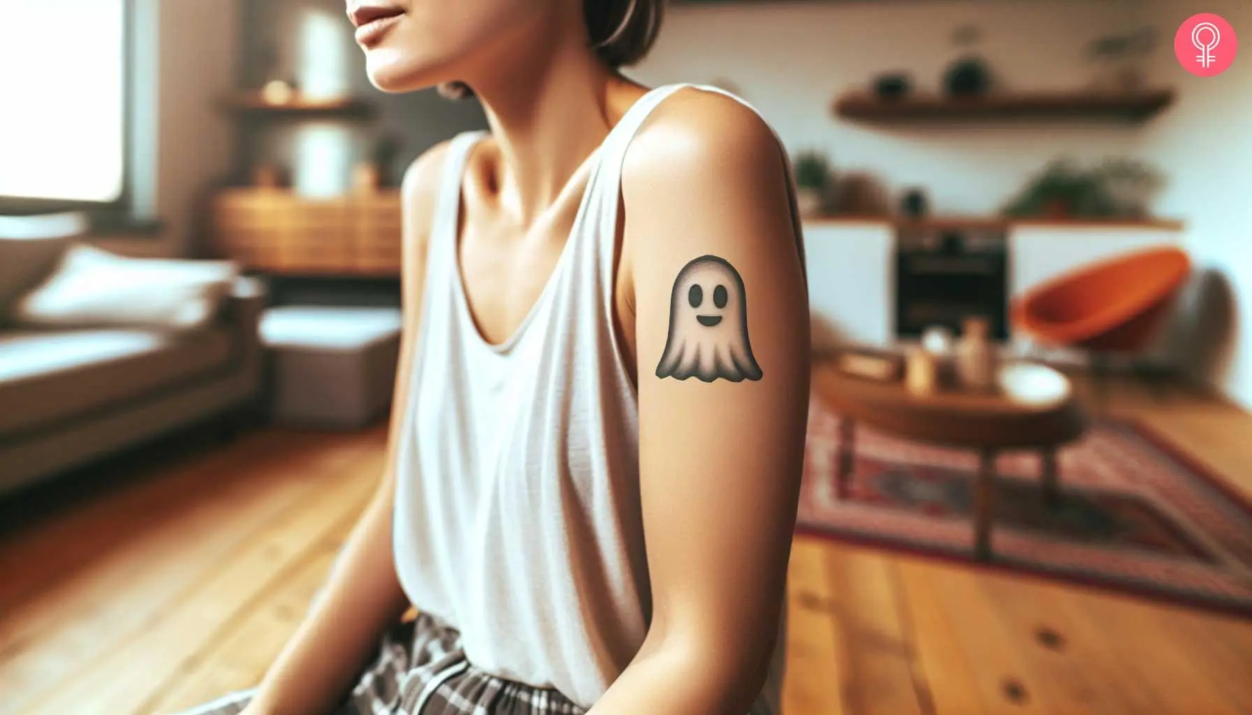 A woman with a ghost emoji tattoo on her bicep