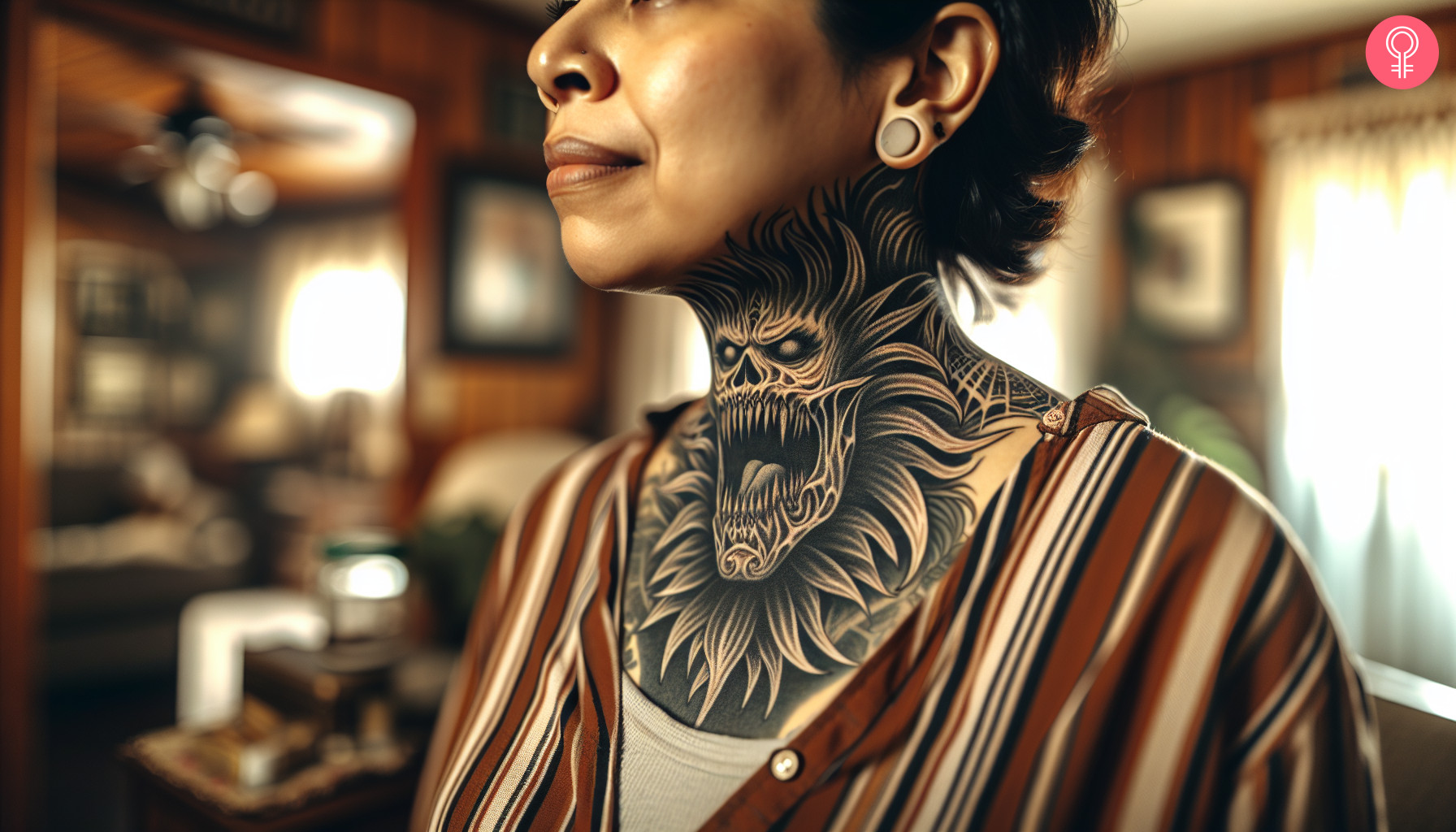 A woman with a gothic, scary neck tattoo