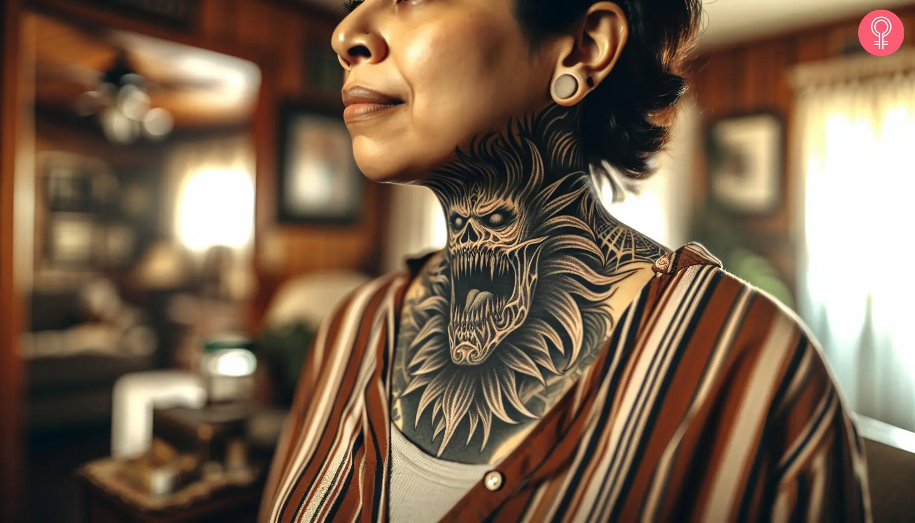 A woman with a gothic, scary neck tattoo