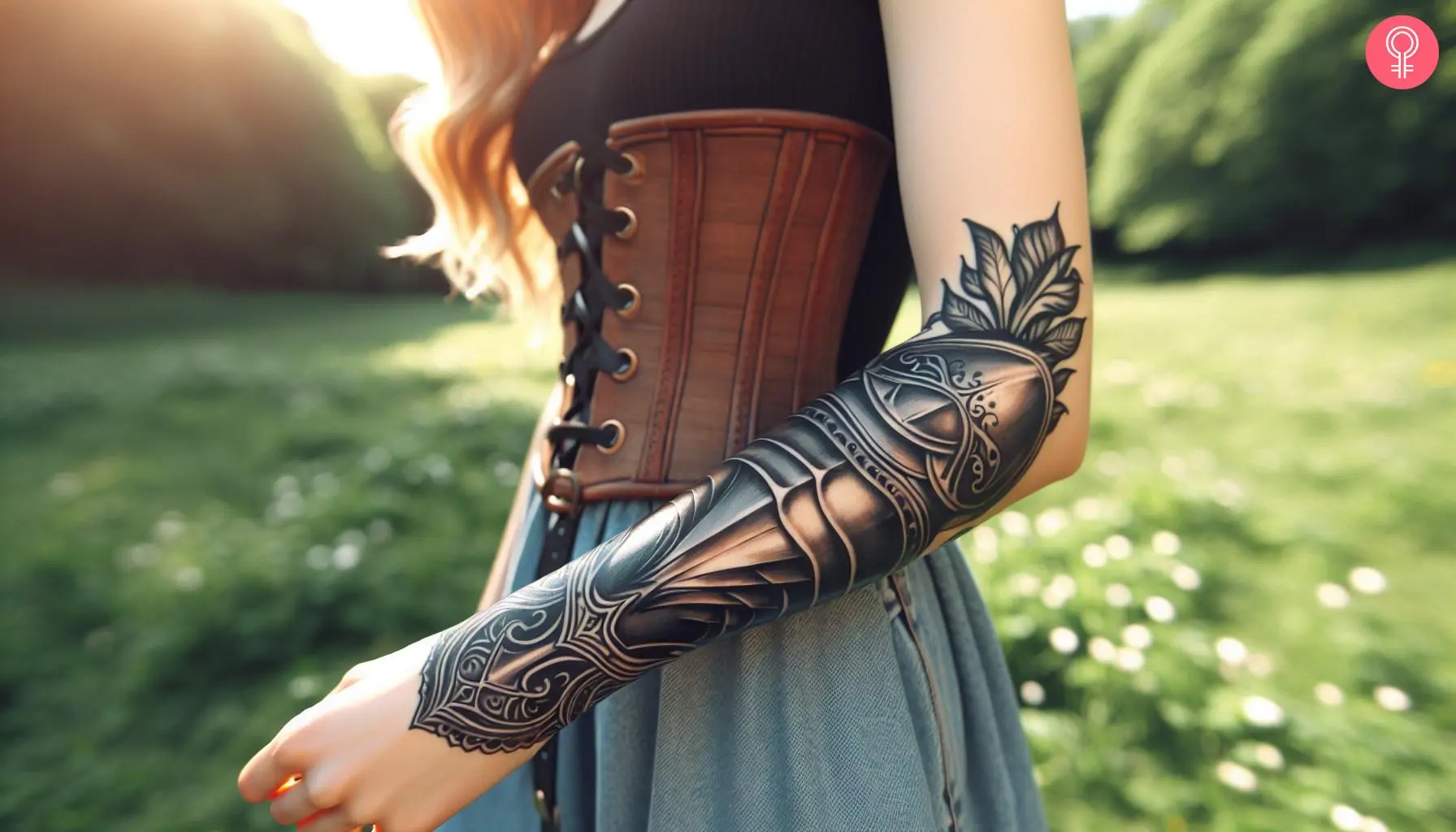 A woman with a knight gauntlet tattoo on her forearm