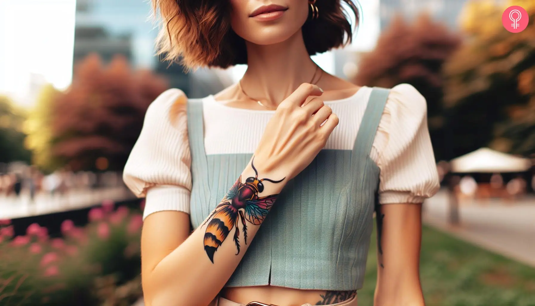 A woman with a large wrist hornet tattoo with colorful wings