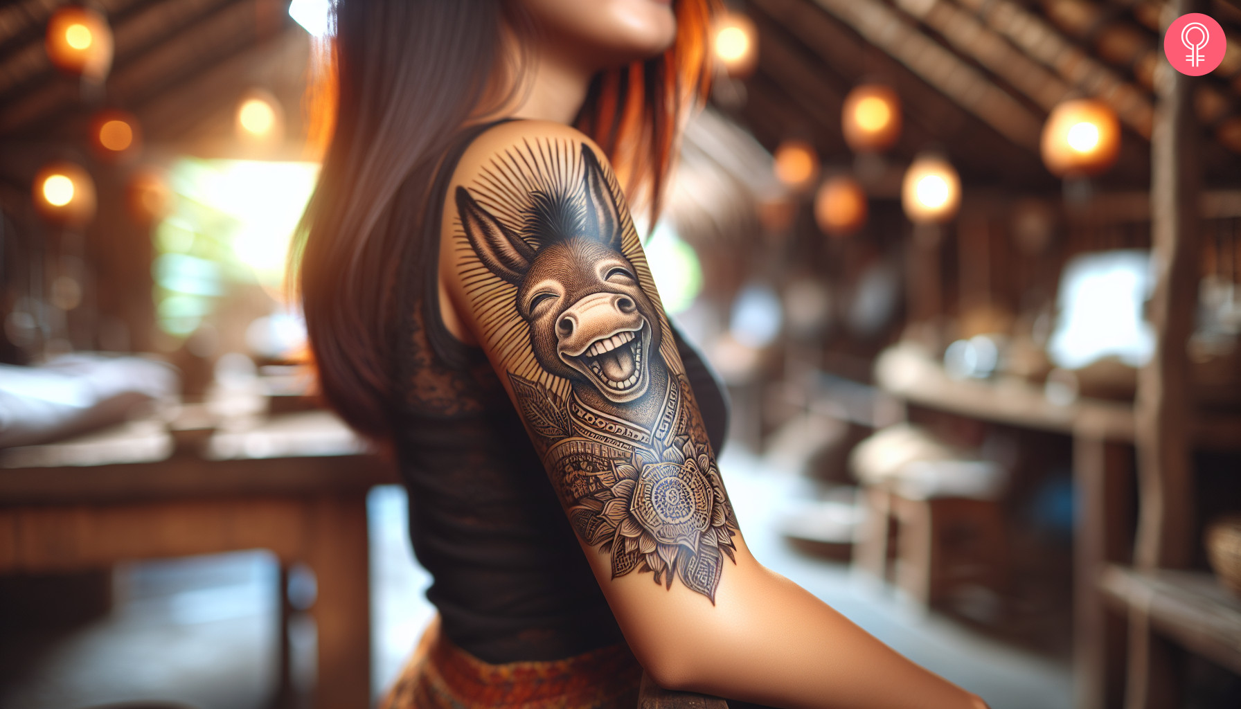 A woman with a laughing donkey tattoo on her upper arm