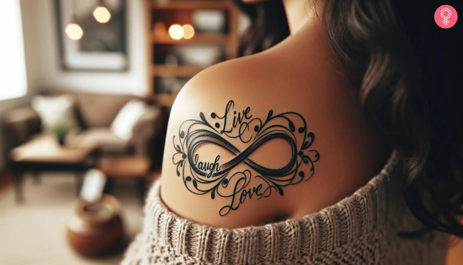 A woman with a 'live laugh love' infinity tattoo on her upper back