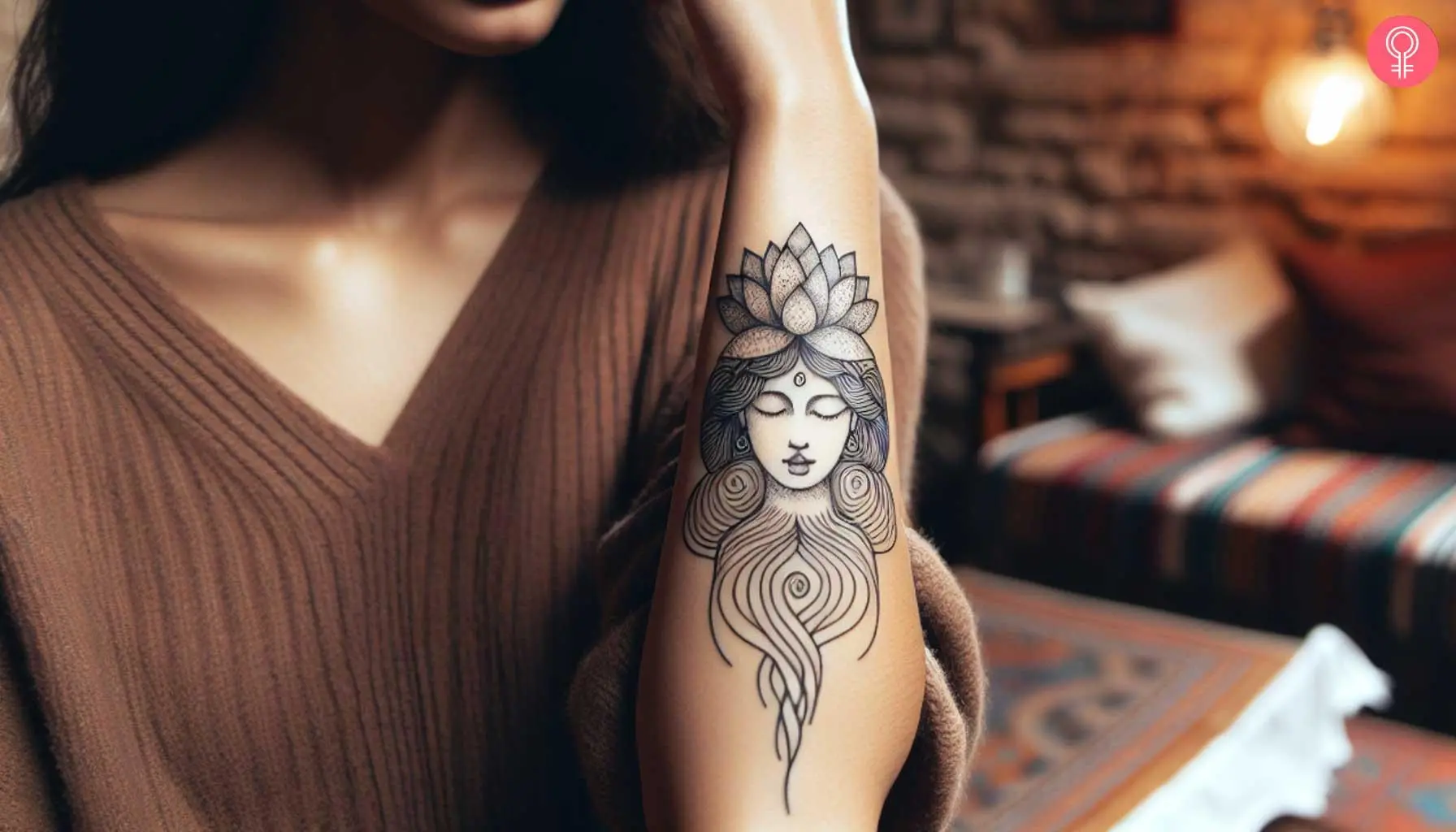 A woman with a lotus flower head tattoo