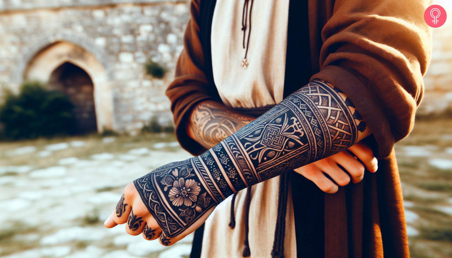 A woman with a medieval gauntlet tattoo on her forearm