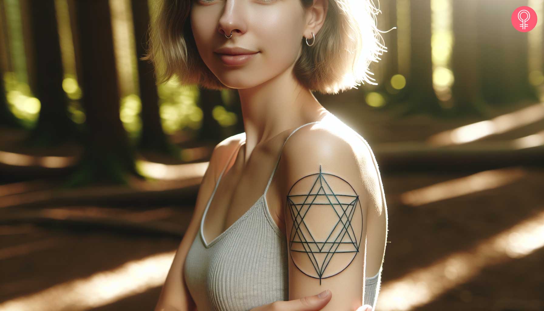 A woman with a minimalist Merkaba symbol tattoo on the upper arm