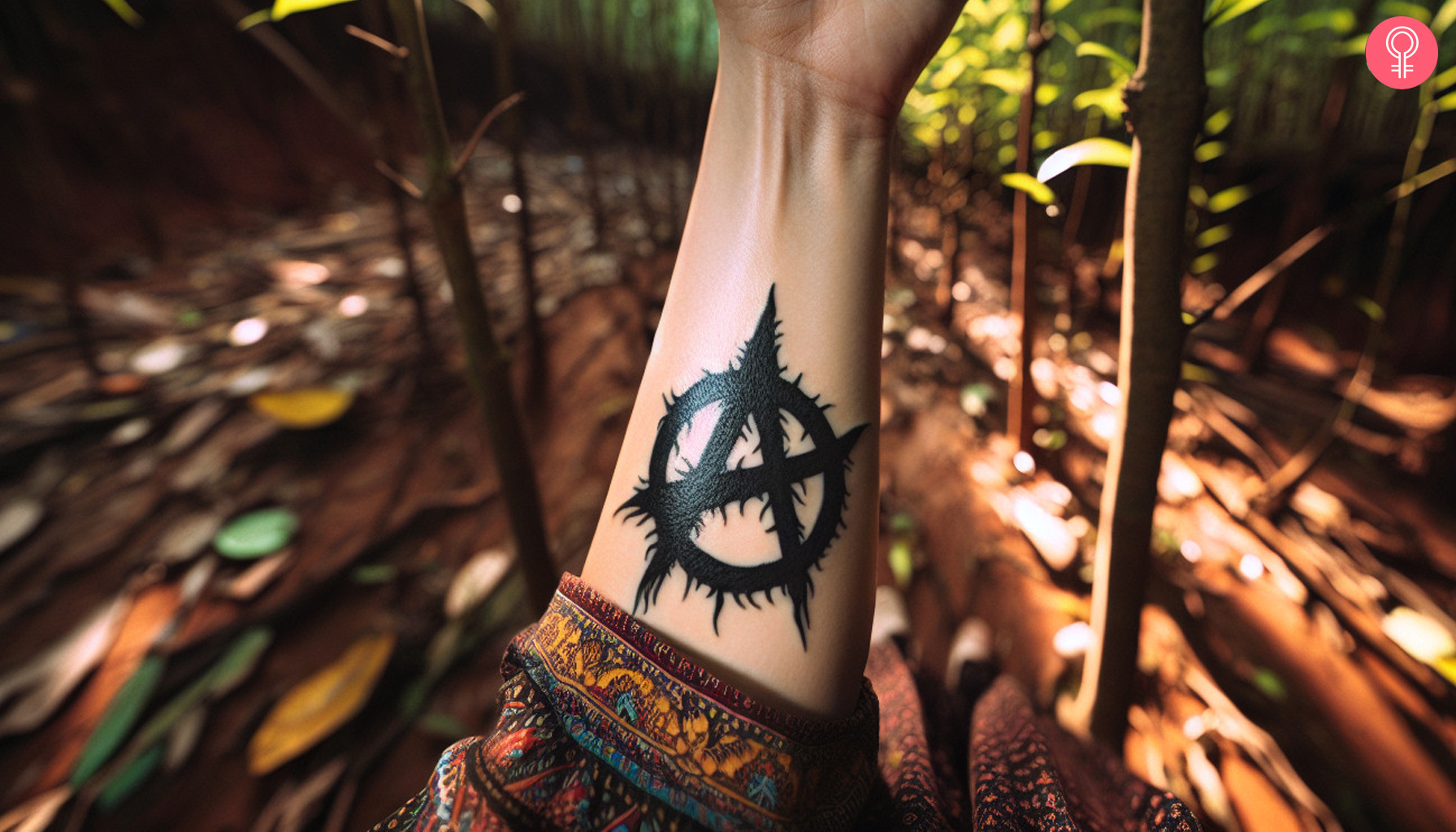 A woman with a minimalist black anarchy symbol tattoo on her wrist